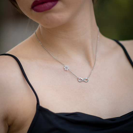 AV γυναικείο ασημένιο κολιέ άπειρο με ζιργκόν και λουλούδι