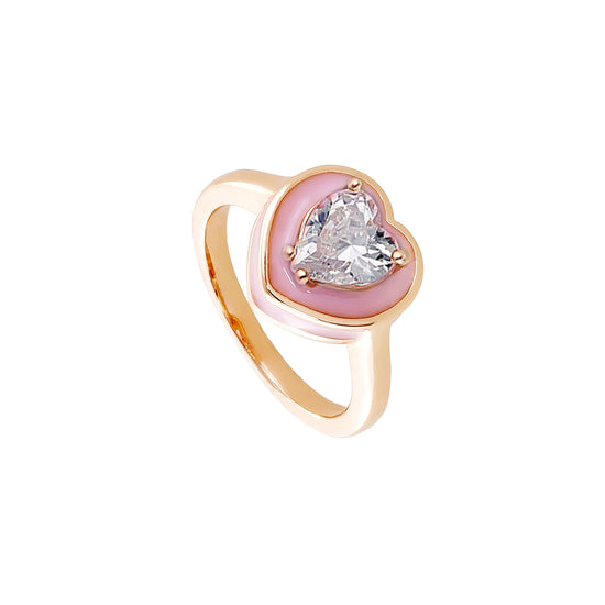 LOISIR ροζ χρυσό δαχτυλίδι BEAUTY με ροζ σμάλτο και ζιργκόν σε σχήμα καρδιάς