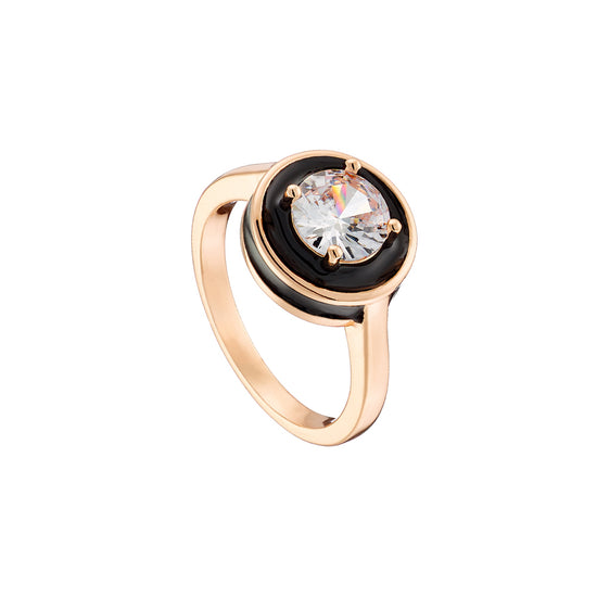 LOISIR ροζ χρυσό δαχτυλίδι BEAUTY με μαύρο σμάλτο και στρογγυλό ζιργκόν