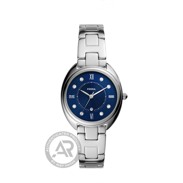 Ένα εντυπωσιακό γυναικείο ρολόι της FOSSIL που αποτελείται από μπλε καντράν και ασημί δείκτες. Διαθέτει λεπτεπίλεπτο ασημί μπρασελέ.