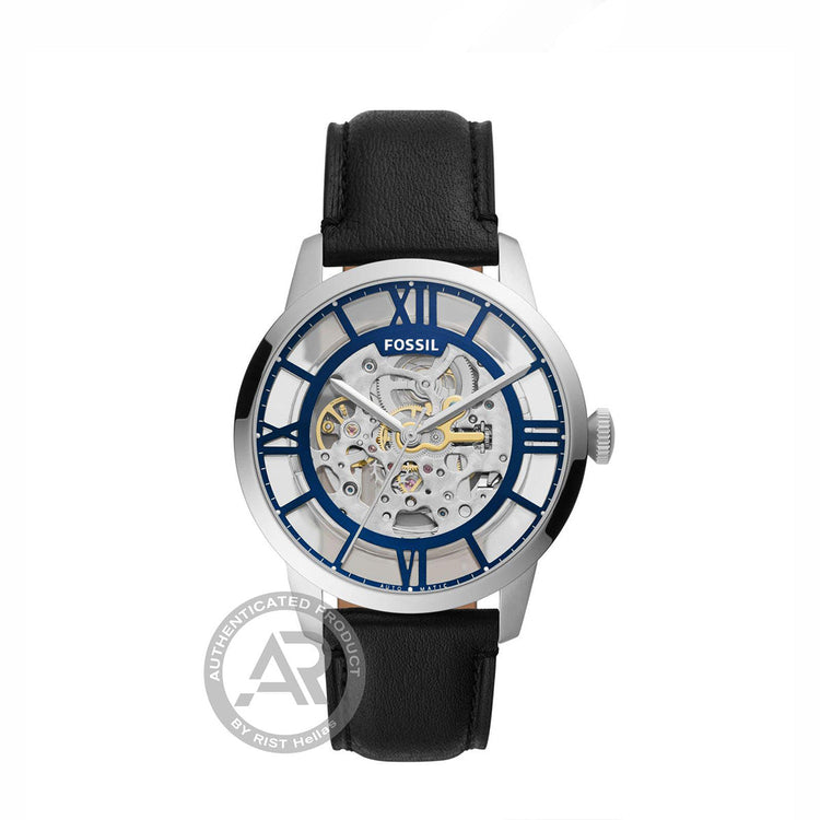 Ένα εντυπωσιακό αυτόματο ανδρικό ρολόι της FOSSIL, με δερμάτινο μαύρο λουράκι και πρωτότυπο ασημί-διαφανές καντράν.