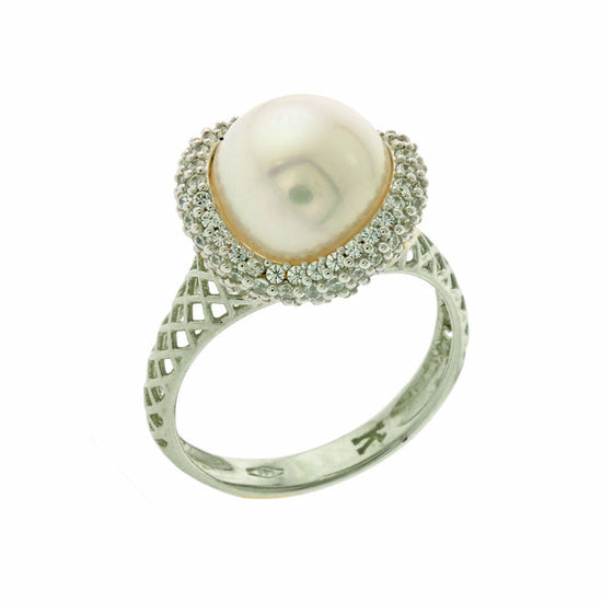 AV λευκόχρυσο δαχτυλίδι με μαργαριτάρι και πέτρες ζιργκόν